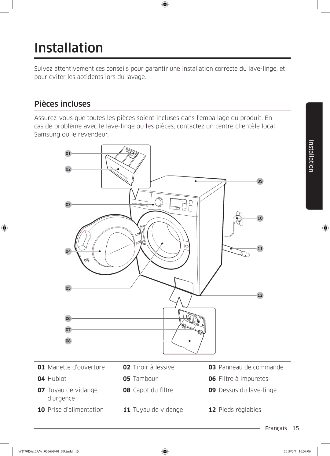 Samsung WD70J5A10AW/EF manual Installation, Pièces incluses 