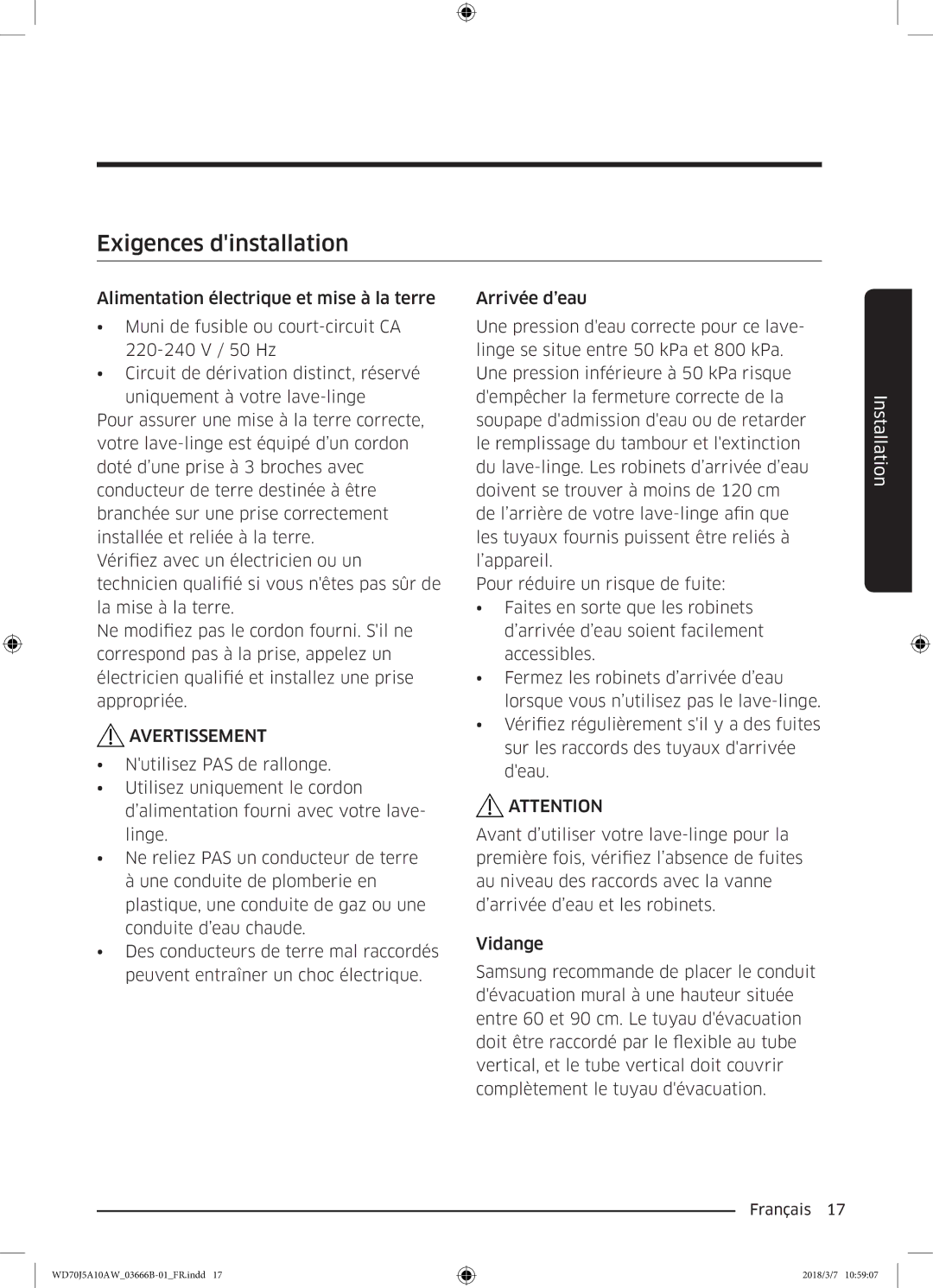 Samsung WD70J5A10AW/EF manual Exigences dinstallation 