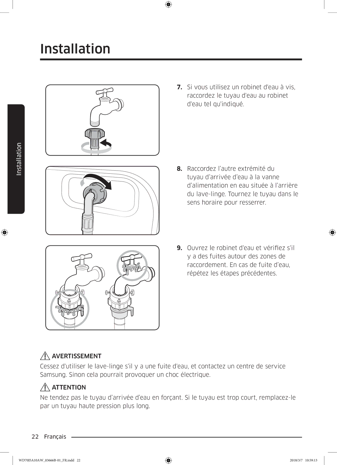 Samsung WD70J5A10AW/EF manual Avertissement 