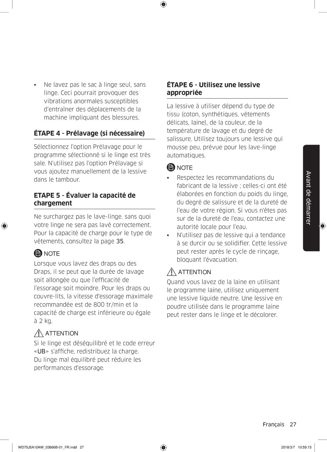 Samsung WD70J5A10AW/EF manual Étape 4 Prélavage si nécessaire 