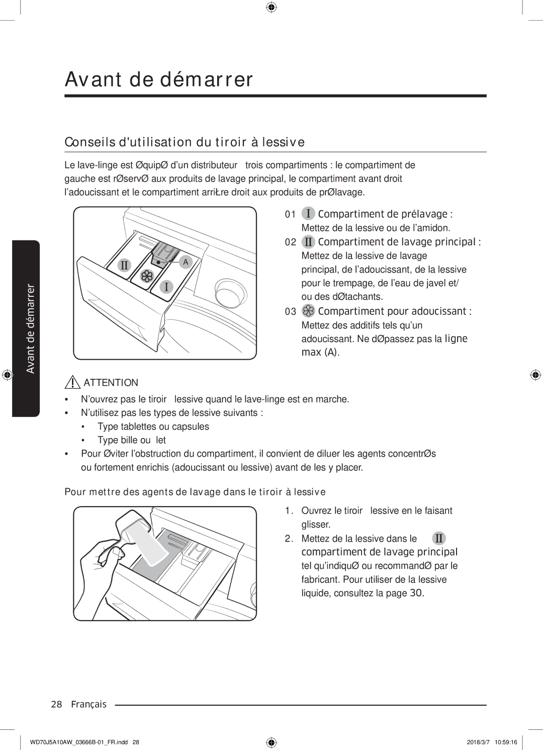 Samsung WD70J5A10AW/EF manual Conseils dutilisation du tiroir à lessive 