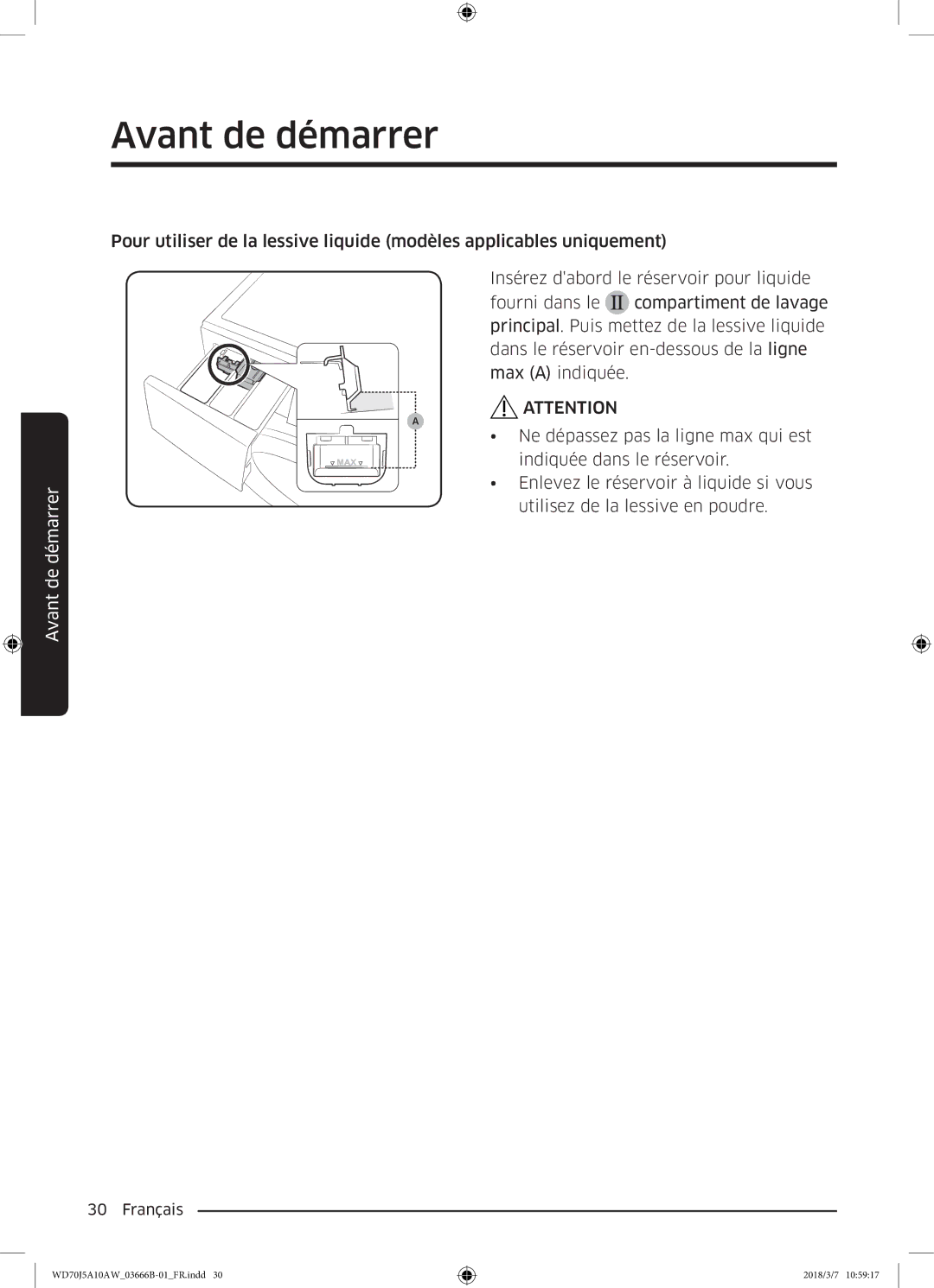 Samsung WD70J5A10AW/EF manual Avant de démarrer 