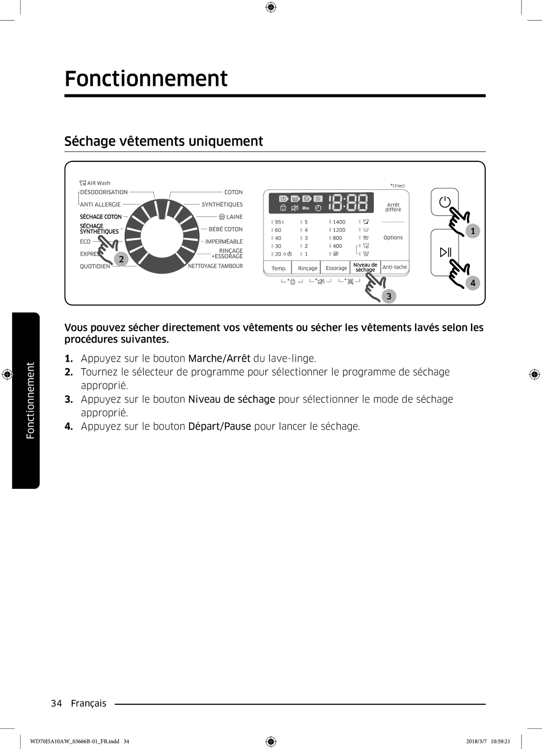 Samsung WD70J5A10AW/EF manual Séchage vêtements uniquement 