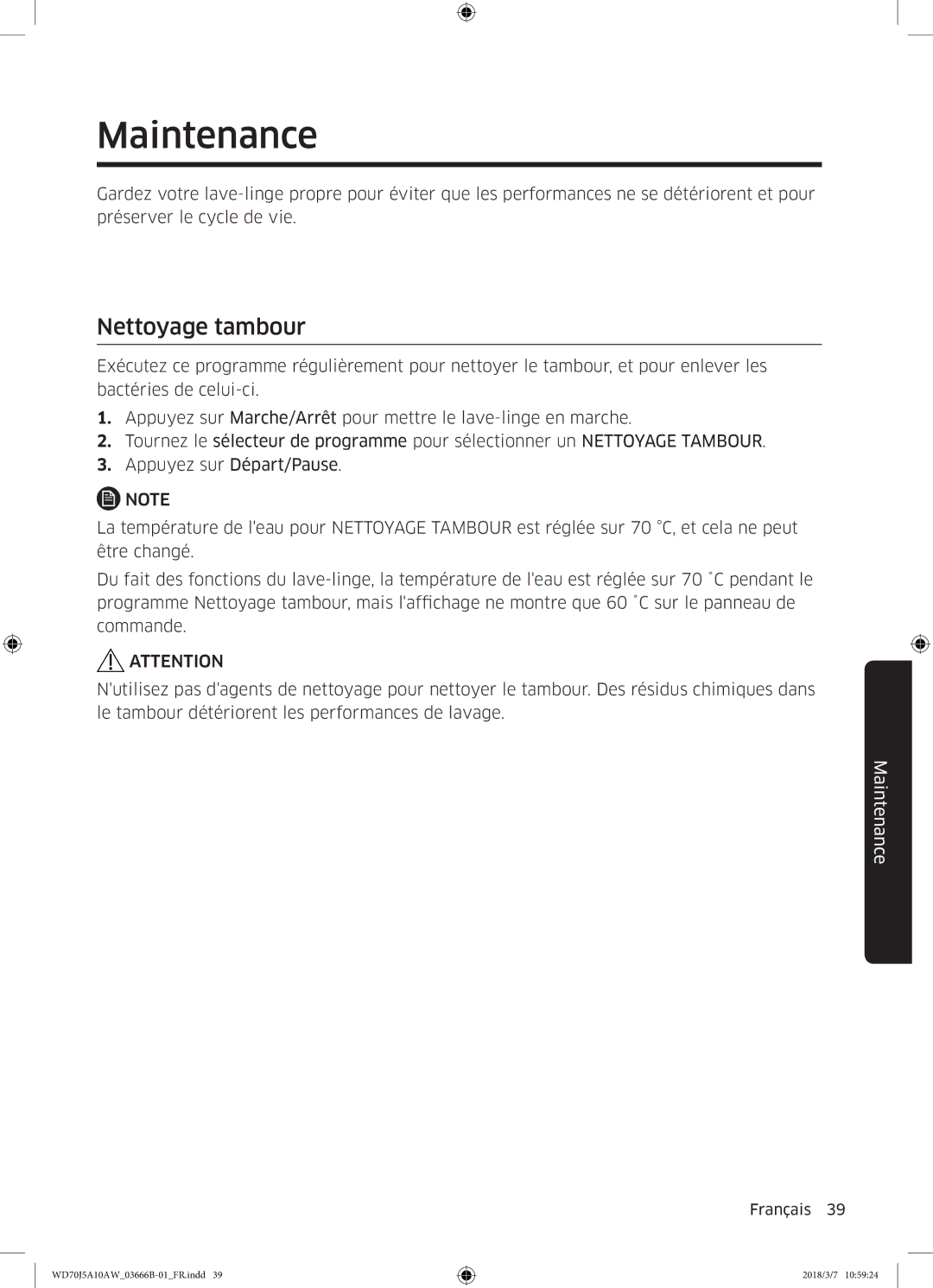 Samsung WD70J5A10AW/EF manual Maintenance, Nettoyage tambour 