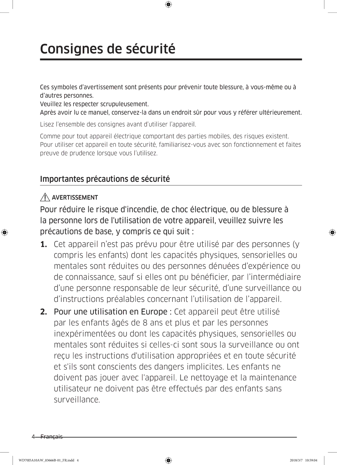 Samsung WD70J5A10AW/EF manual Importantes précautions de sécurité 