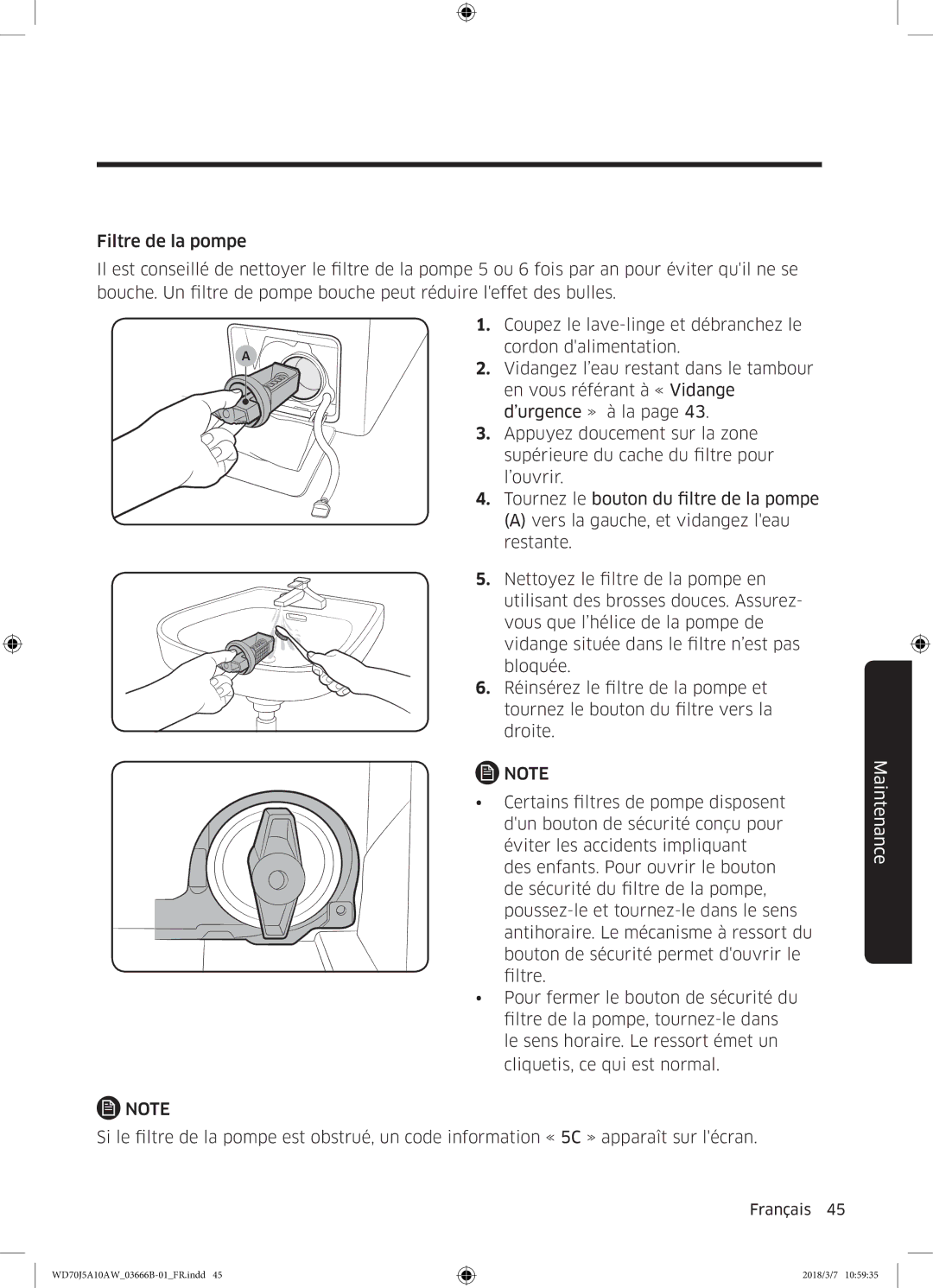 Samsung WD70J5A10AW/EF manual Maintenance 