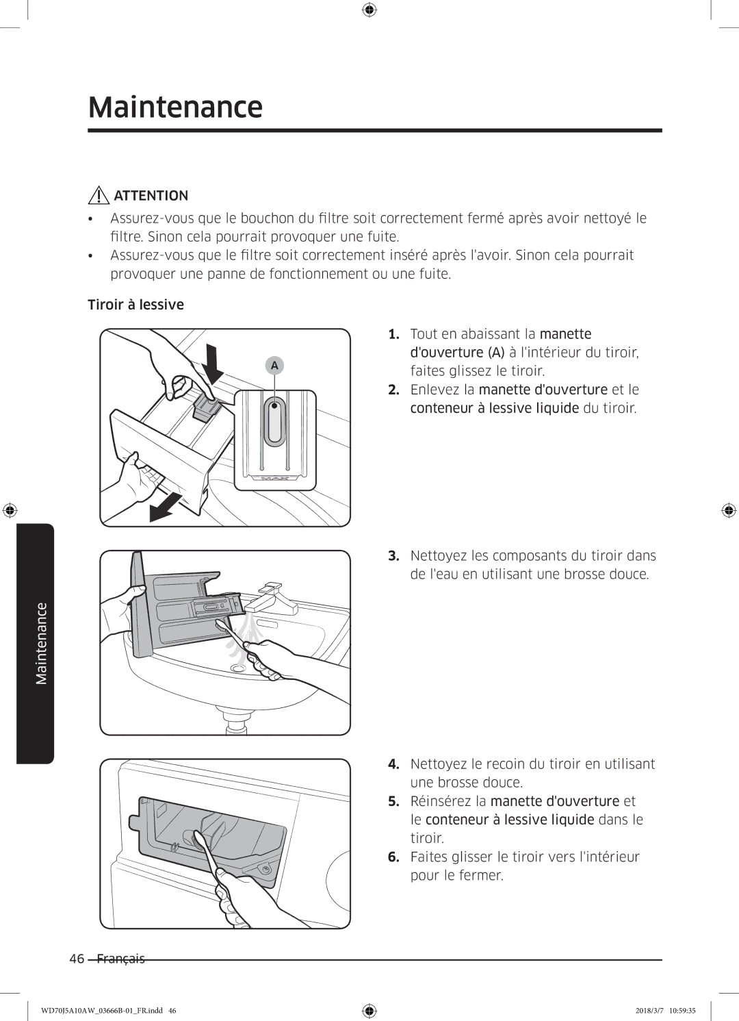 Samsung WD70J5A10AW/EF manual Maintenance 