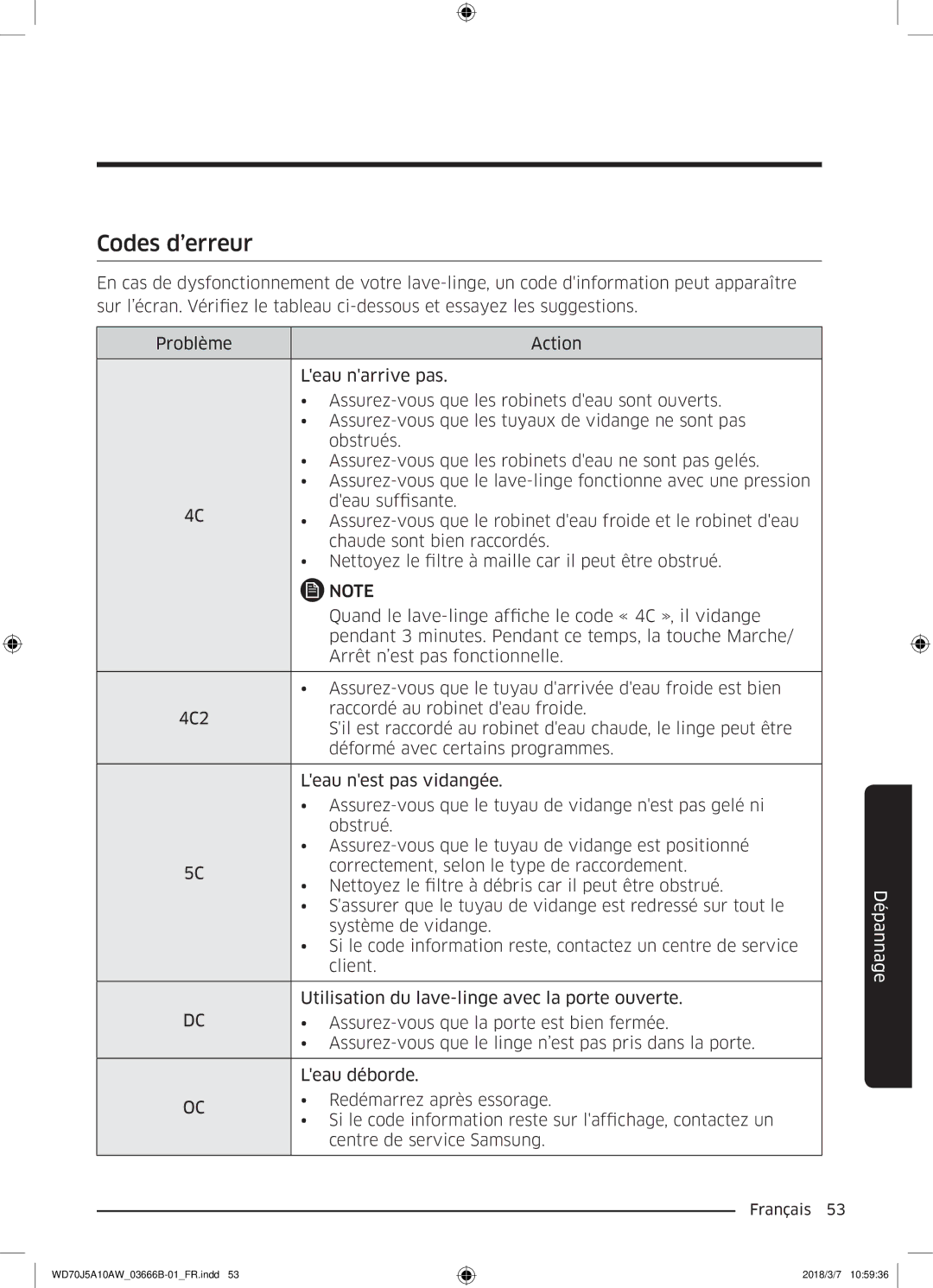 Samsung WD70J5A10AW/EF manual Codes d’erreur 