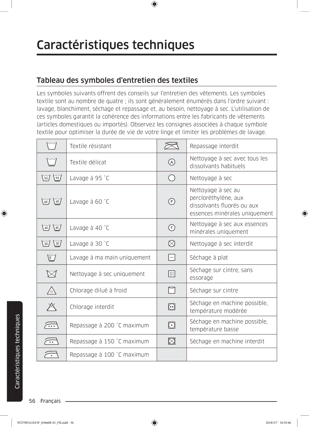 Samsung WD70J5A10AW/EF manual Caractéristiques techniques, Tableau des symboles d’entretien des textiles 