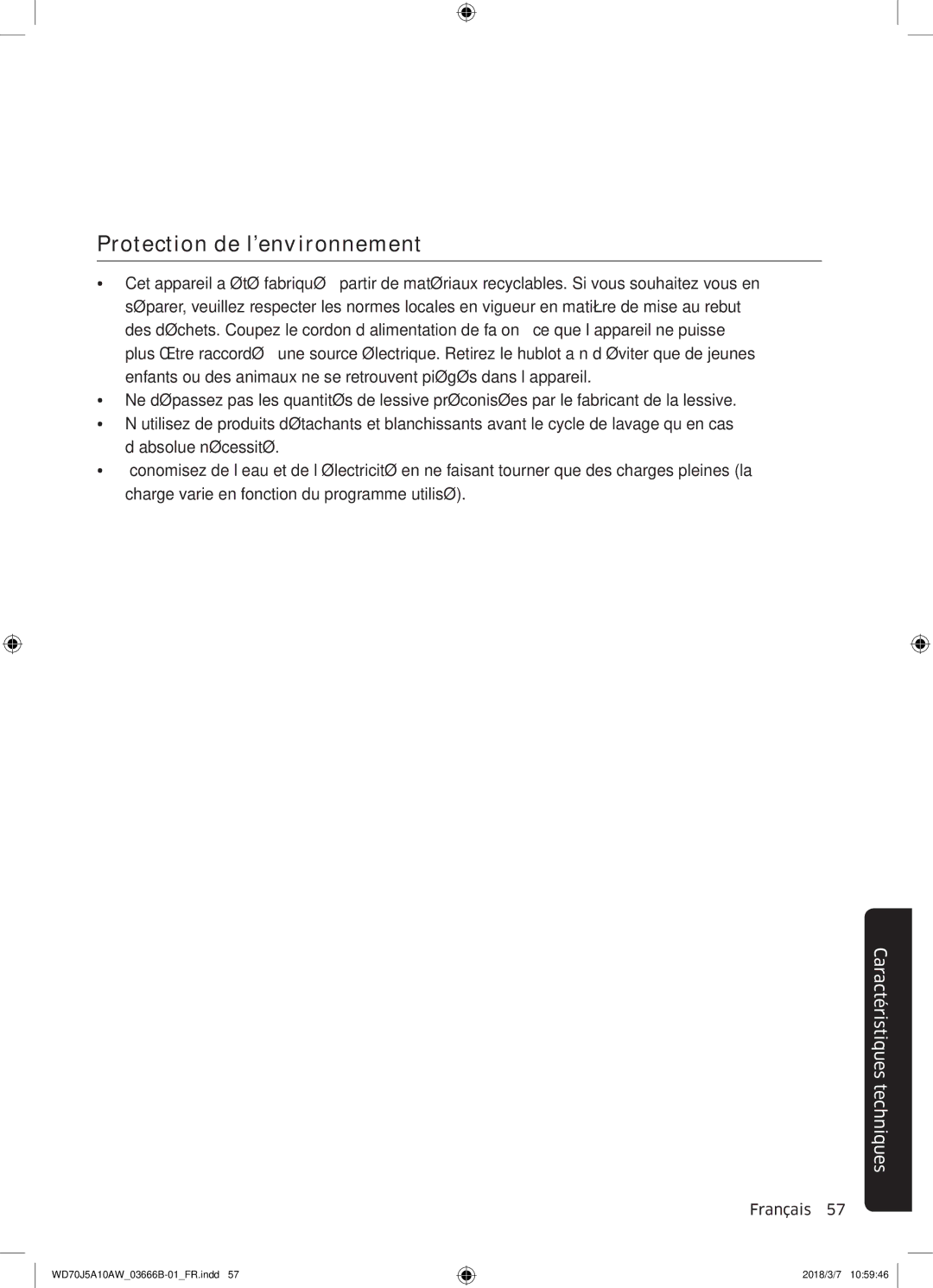 Samsung WD70J5A10AW/EF manual Protection de l’environnement 