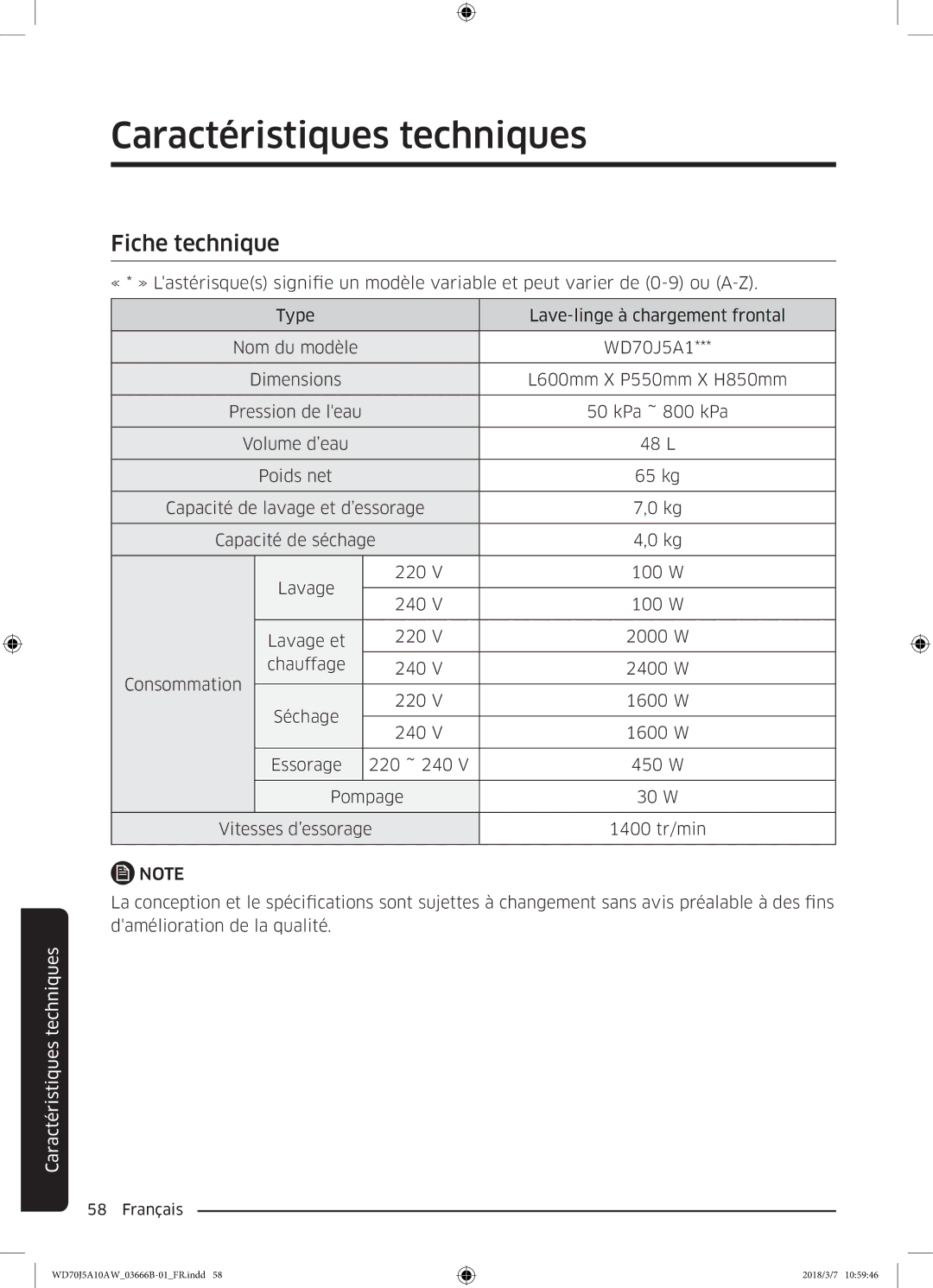 Samsung WD70J5A10AW/EF manual Fiche technique 