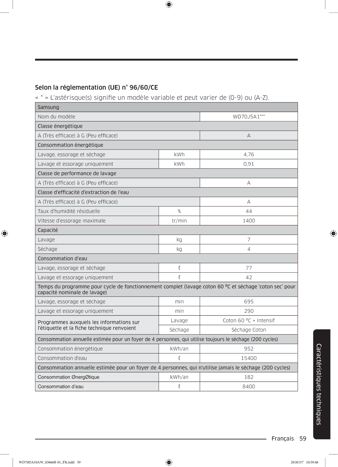 Samsung WD70J5A10AW/EF manual Caractéristiques techniques 