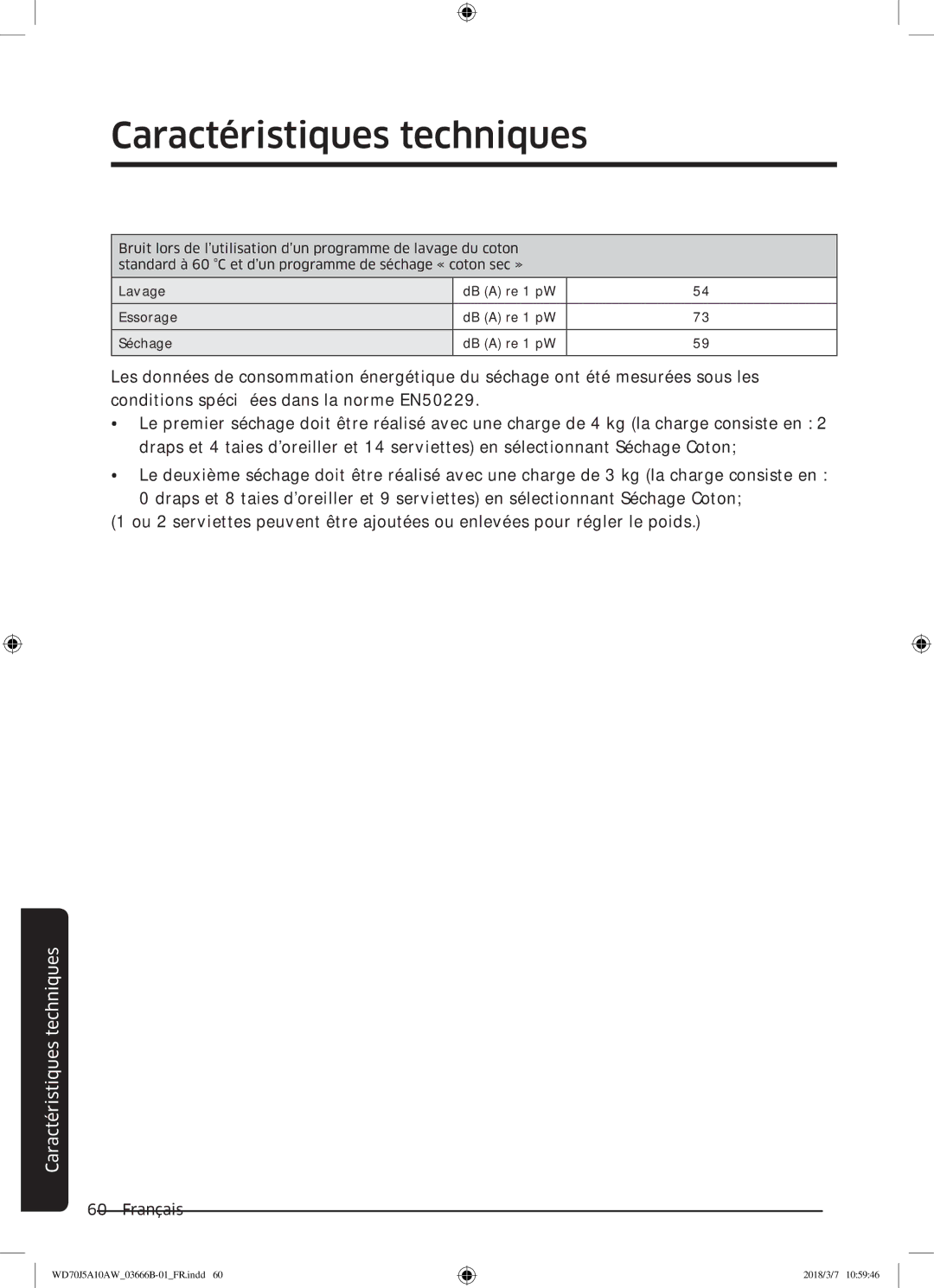 Samsung WD70J5A10AW/EF manual Caractéristiques techniques 