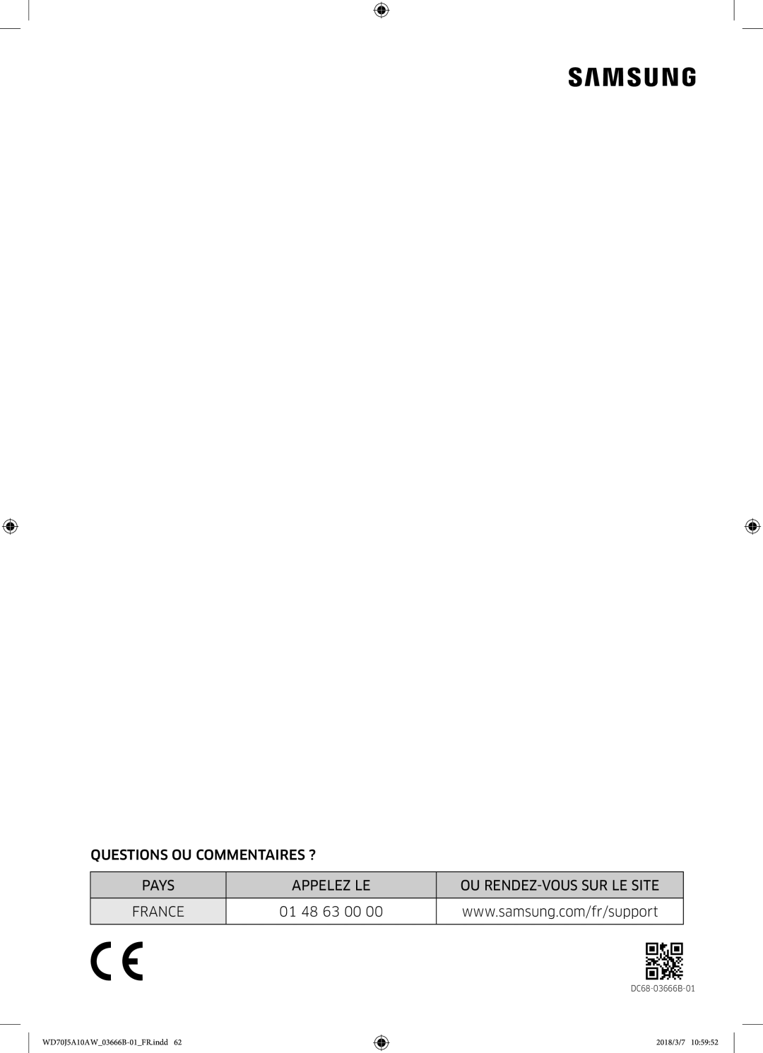 Samsung WD70J5A10AW/EF manual 01 48 63 00 