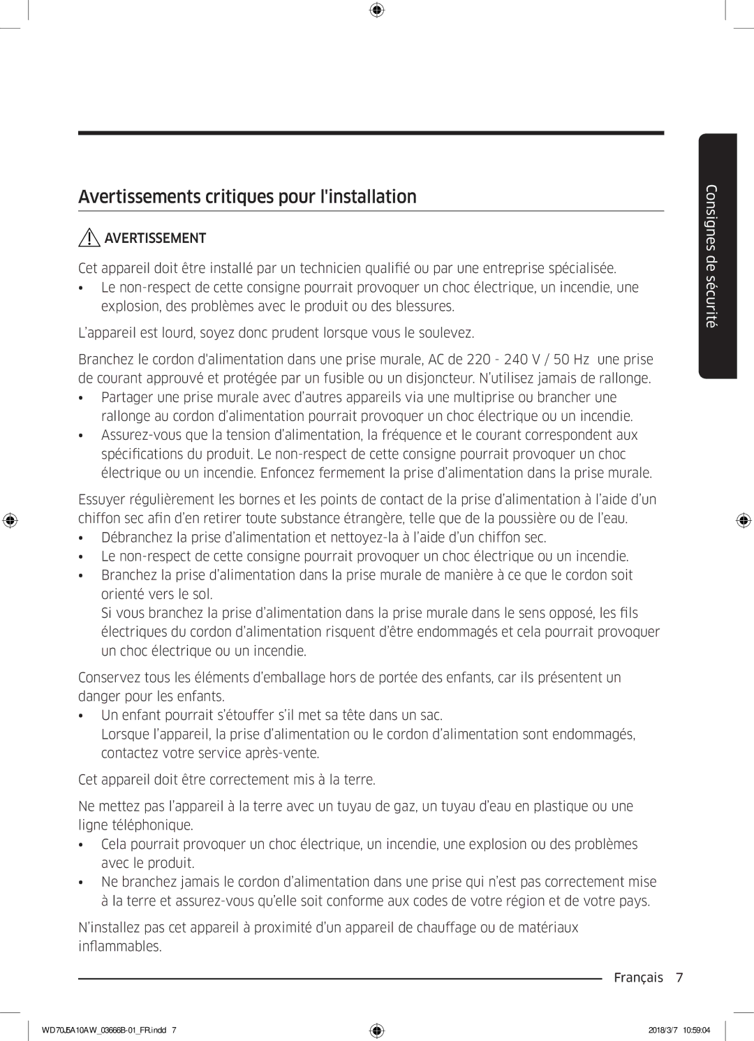 Samsung WD70J5A10AW/EF manual Avertissements critiques pour linstallation 