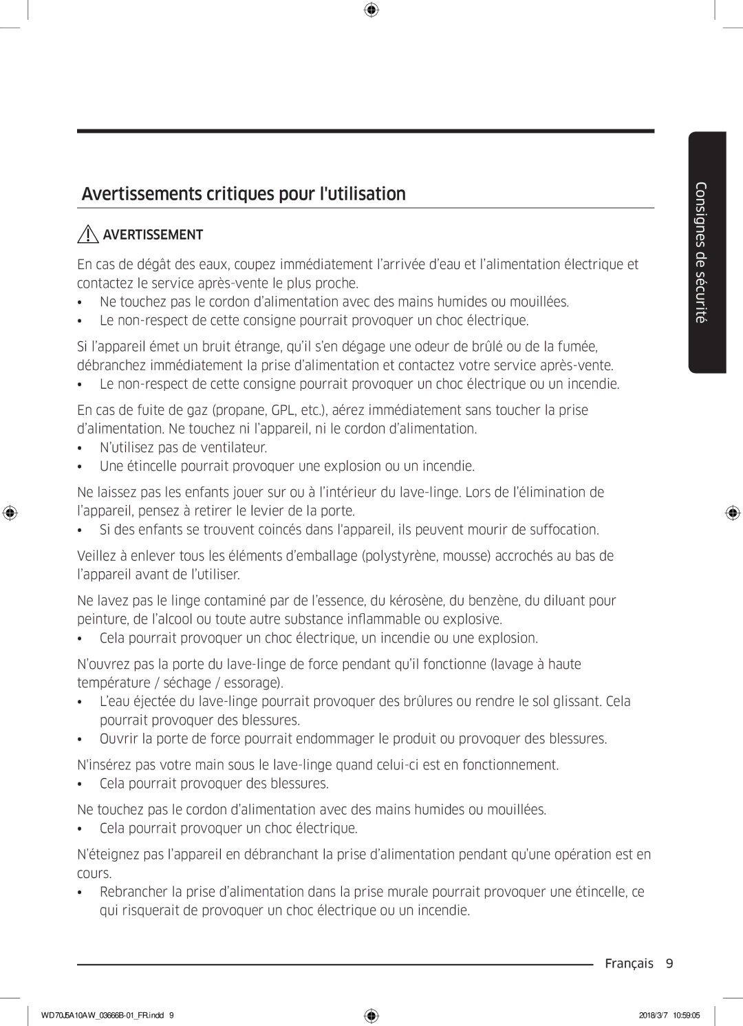 Samsung WD70J5A10AW/EF manual Avertissements critiques pour lutilisation 