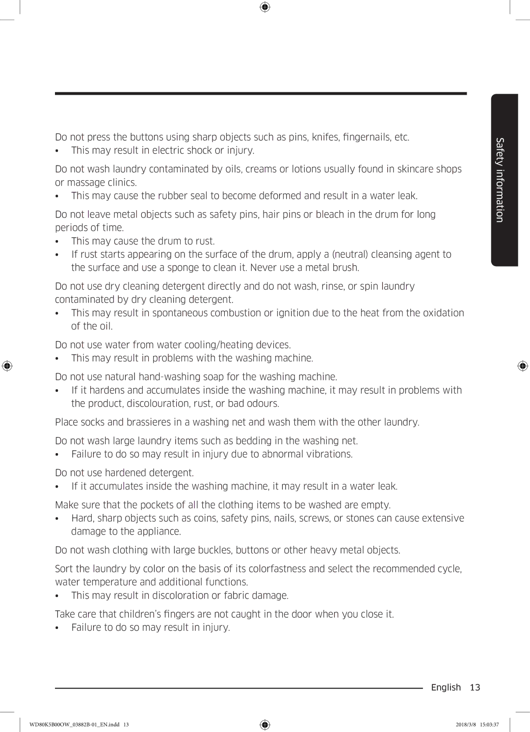 Samsung WD80K5B00OW/EE, WD70K5B00OW/EE manual Safety information 