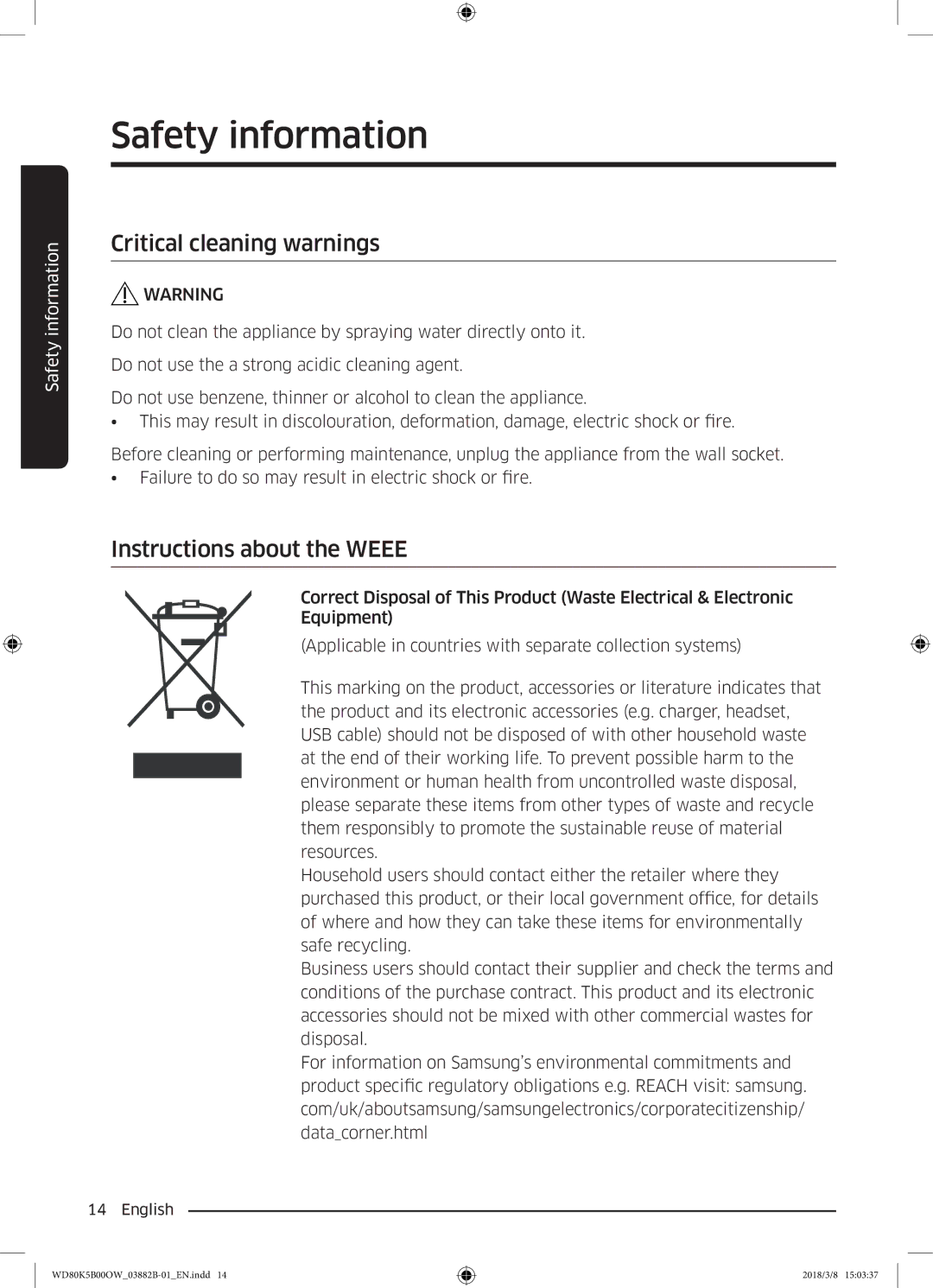 Samsung WD70K5B00OW/EE, WD80K5B00OW/EE manual Critical cleaning warnings, Instructions about the Weee 