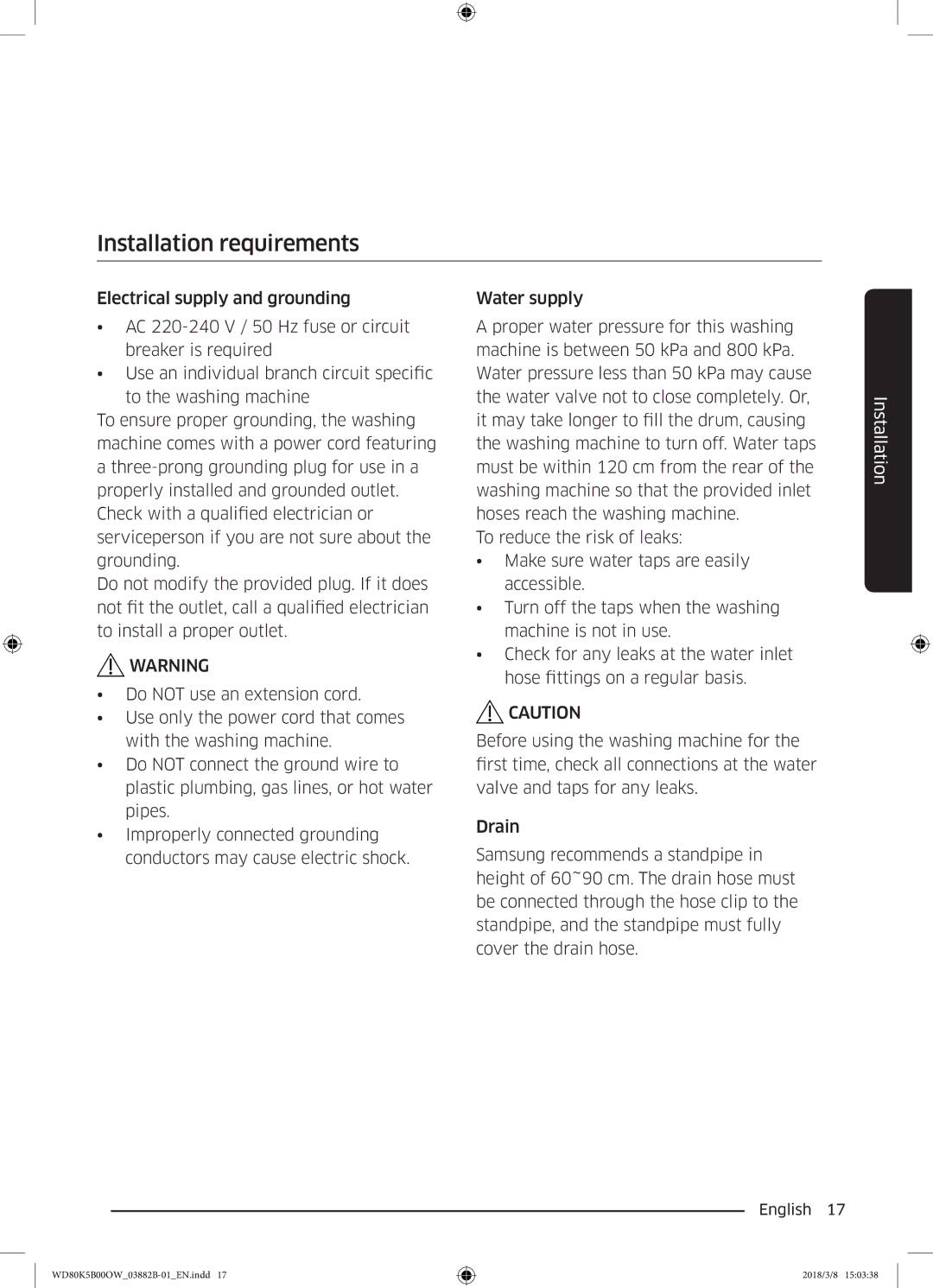 Samsung WD80K5B00OW/EE, WD70K5B00OW/EE manual Installation requirements 