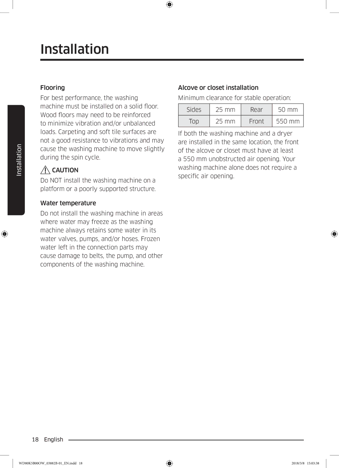 Samsung WD70K5B00OW/EE, WD80K5B00OW/EE manual Installation 