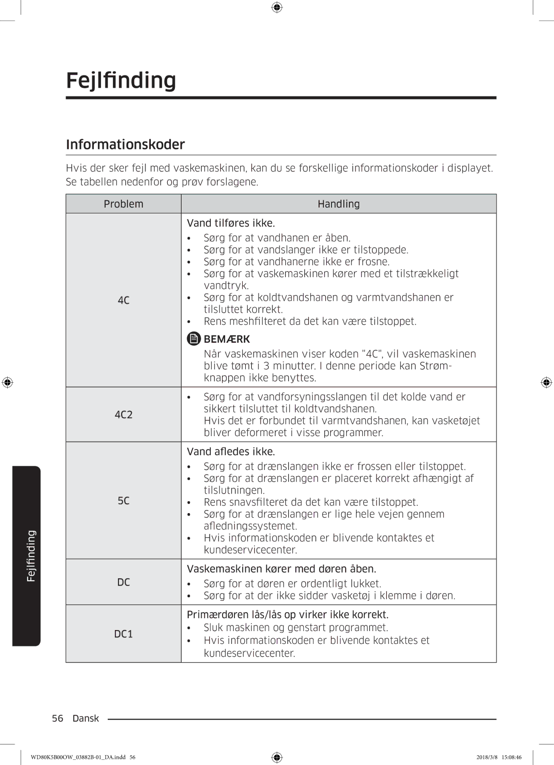 Samsung WD70K5B00OW/EE, WD80K5B00OW/EE manual Når vaskemaskinen viser koden 4C, vil vaskemaskinen 