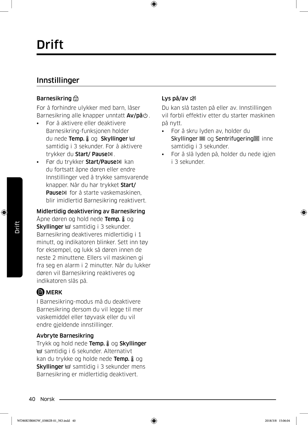 Samsung WD70K5B00OW/EE, WD80K5B00OW/EE manual Innstillinger 