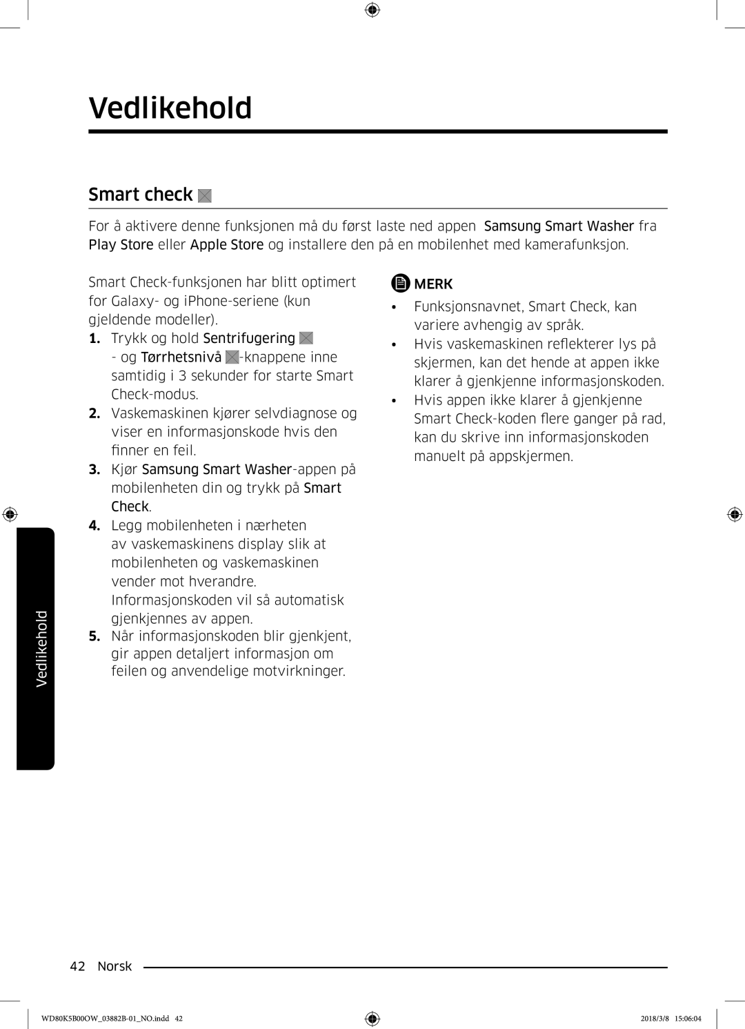 Samsung WD70K5B00OW/EE, WD80K5B00OW/EE manual Smart check 