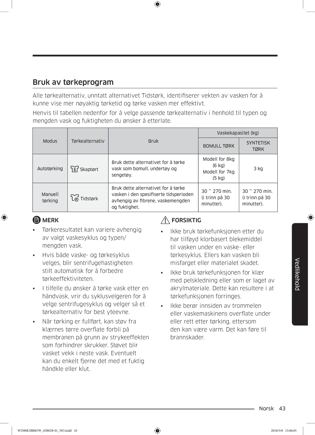 Samsung WD80K5B00OW/EE, WD70K5B00OW/EE manual Bruk av tørkeprogram, Bomull Tørk Syntetisk 