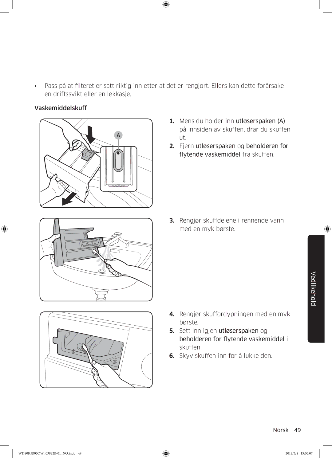 Samsung WD80K5B00OW/EE, WD70K5B00OW/EE manual Vedlikehold 