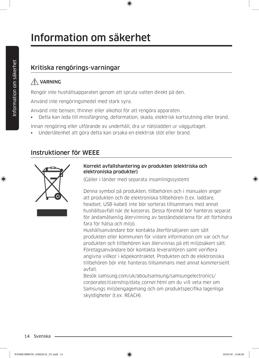 Samsung WD70K5B00OW/EE, WD80K5B00OW/EE manual Kritiska rengörings-varningar, Instruktioner för Weee 