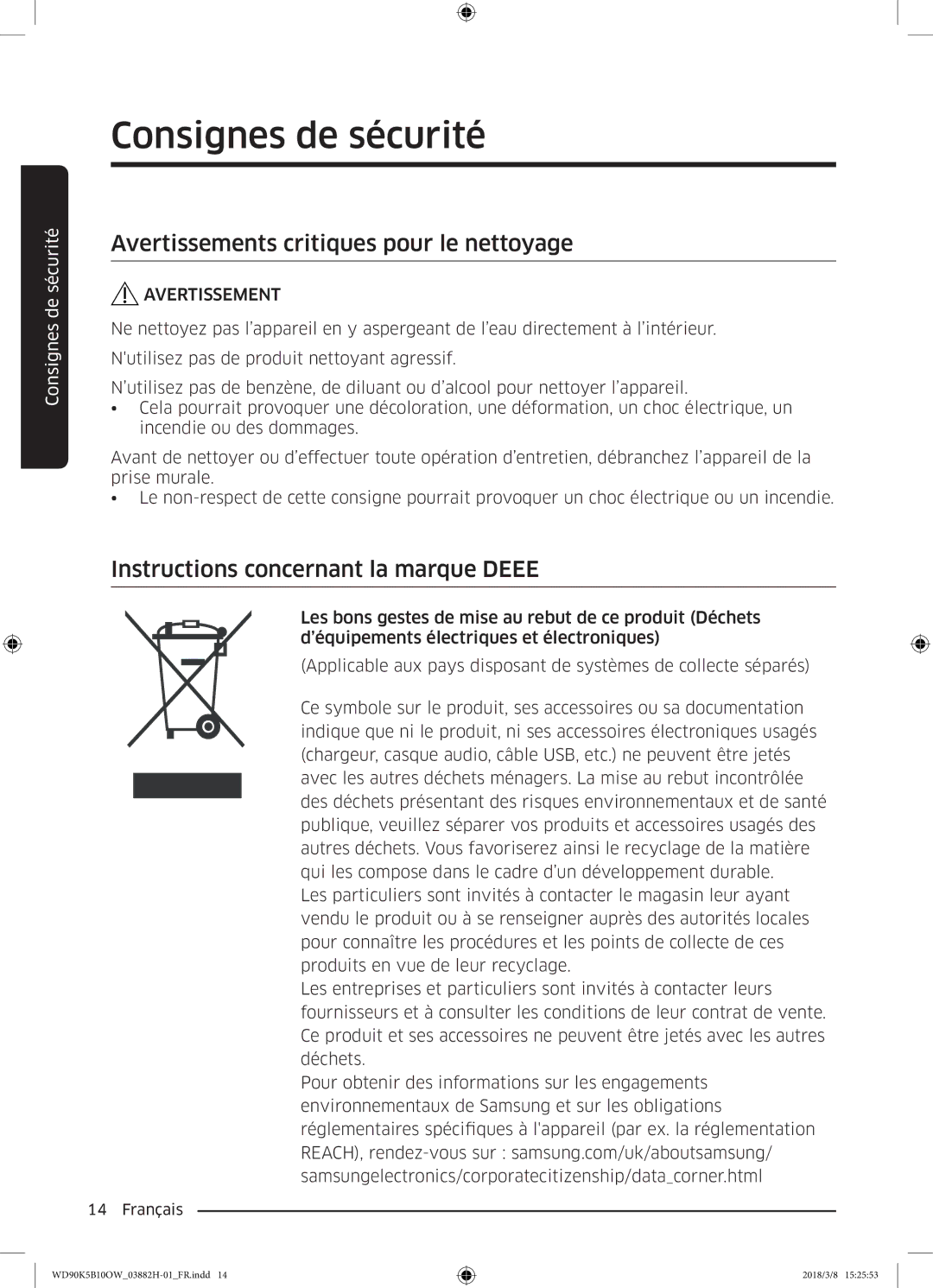 Samsung WD80K5B10OW/EF, WD70K5B10OW/EF Avertissements critiques pour le nettoyage, Instructions concernant la marque Deee 