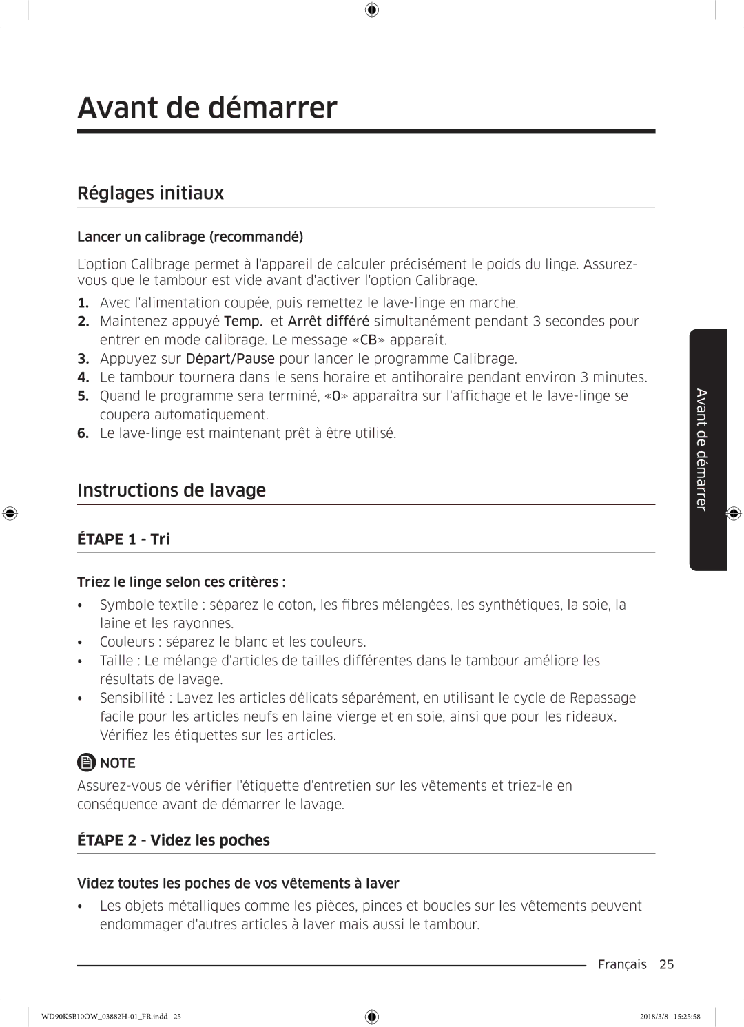 Samsung WD80K5B10OX/EF, WD70K5B10OW/EF, WD80K5B10OW/EF manual Avant de démarrer, Réglages initiaux, Instructions de lavage 