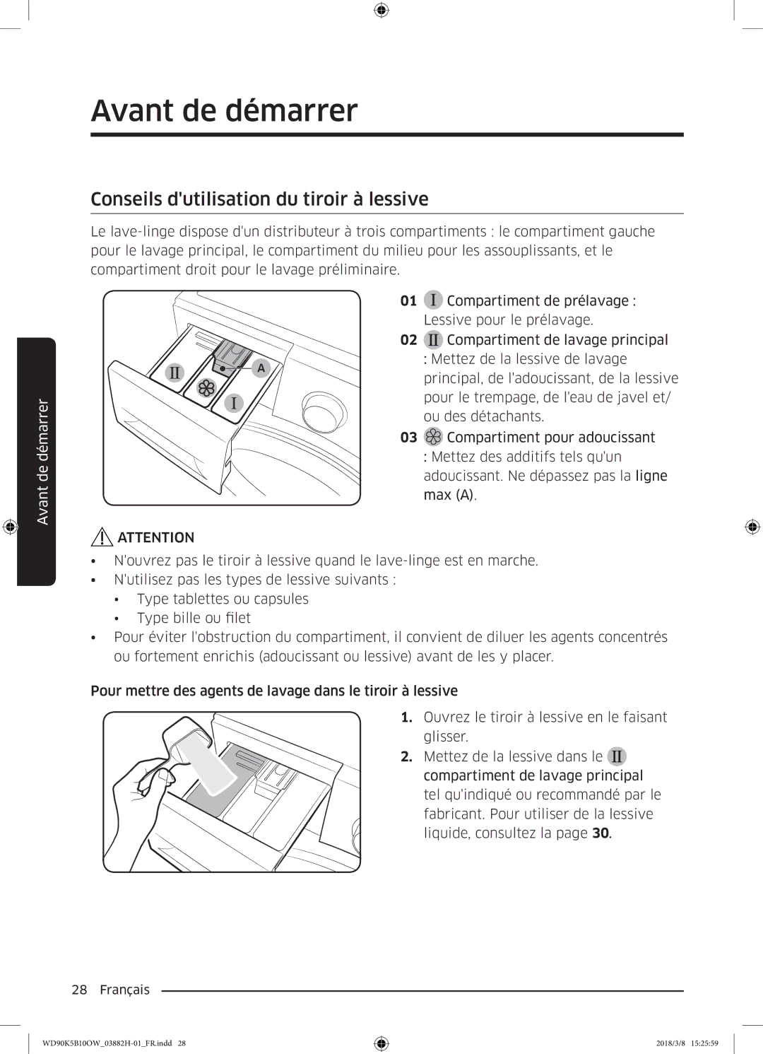 Samsung WD70K5B10OW/EF, WD80K5B10OX/EF, WD80K5B10OW/EF, WD90K5B10OW/EF manual Conseils dutilisation du tiroir à lessive 