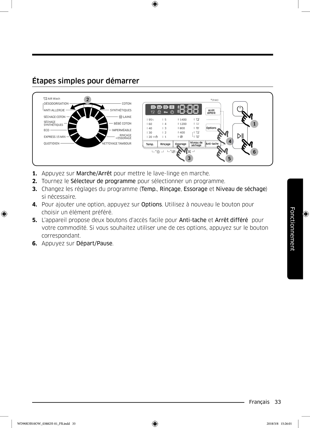 Samsung WD80K5B10OX/EF, WD70K5B10OW/EF, WD80K5B10OW/EF, WD90K5B10OW/EF manual Étapes simples pour démarrer 