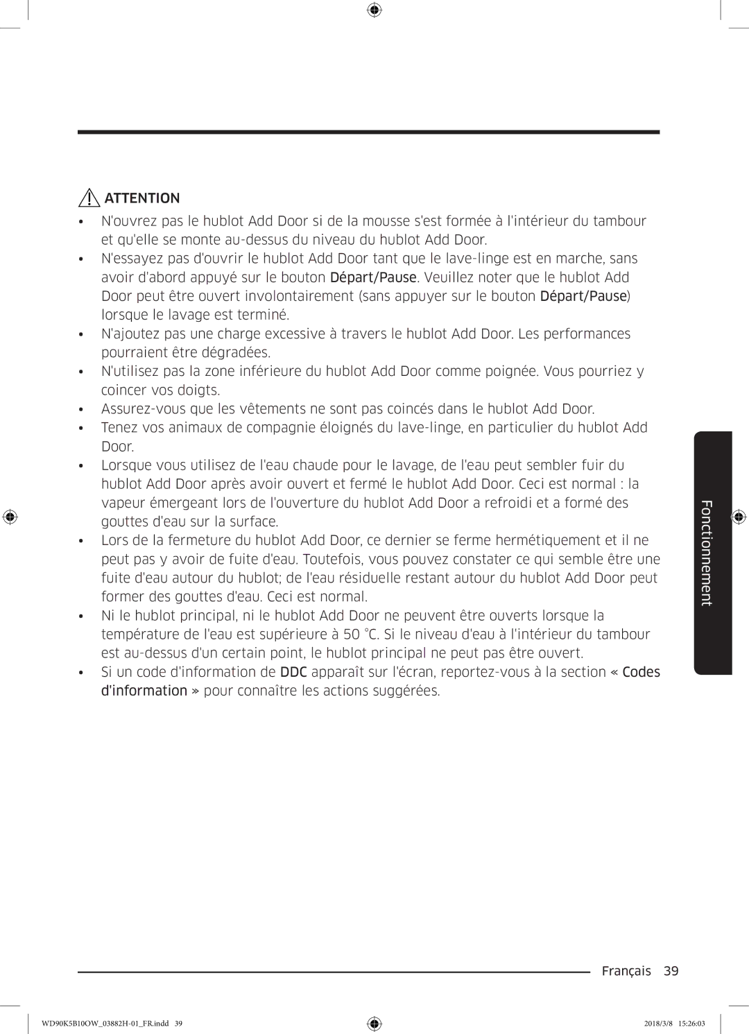 Samsung WD90K5B10OW/EF, WD70K5B10OW/EF, WD80K5B10OX/EF, WD80K5B10OW/EF manual Fonctionnement 