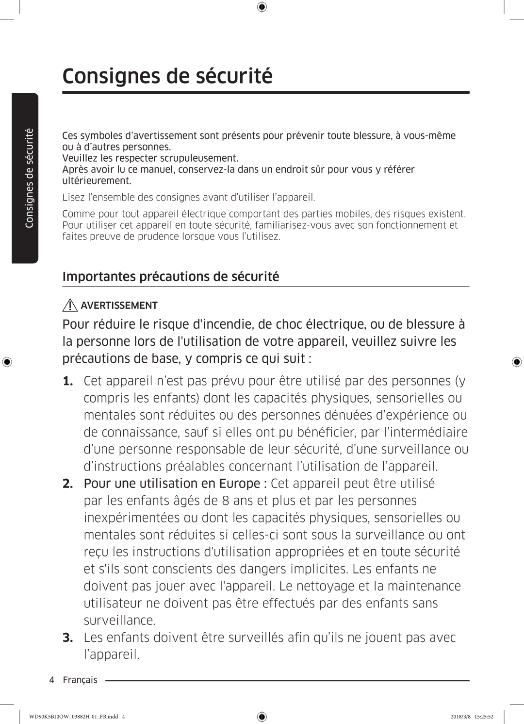 Samsung WD70K5B10OW/EF, WD80K5B10OX/EF, WD80K5B10OW/EF, WD90K5B10OW/EF manual Importantes précautions de sécurité 