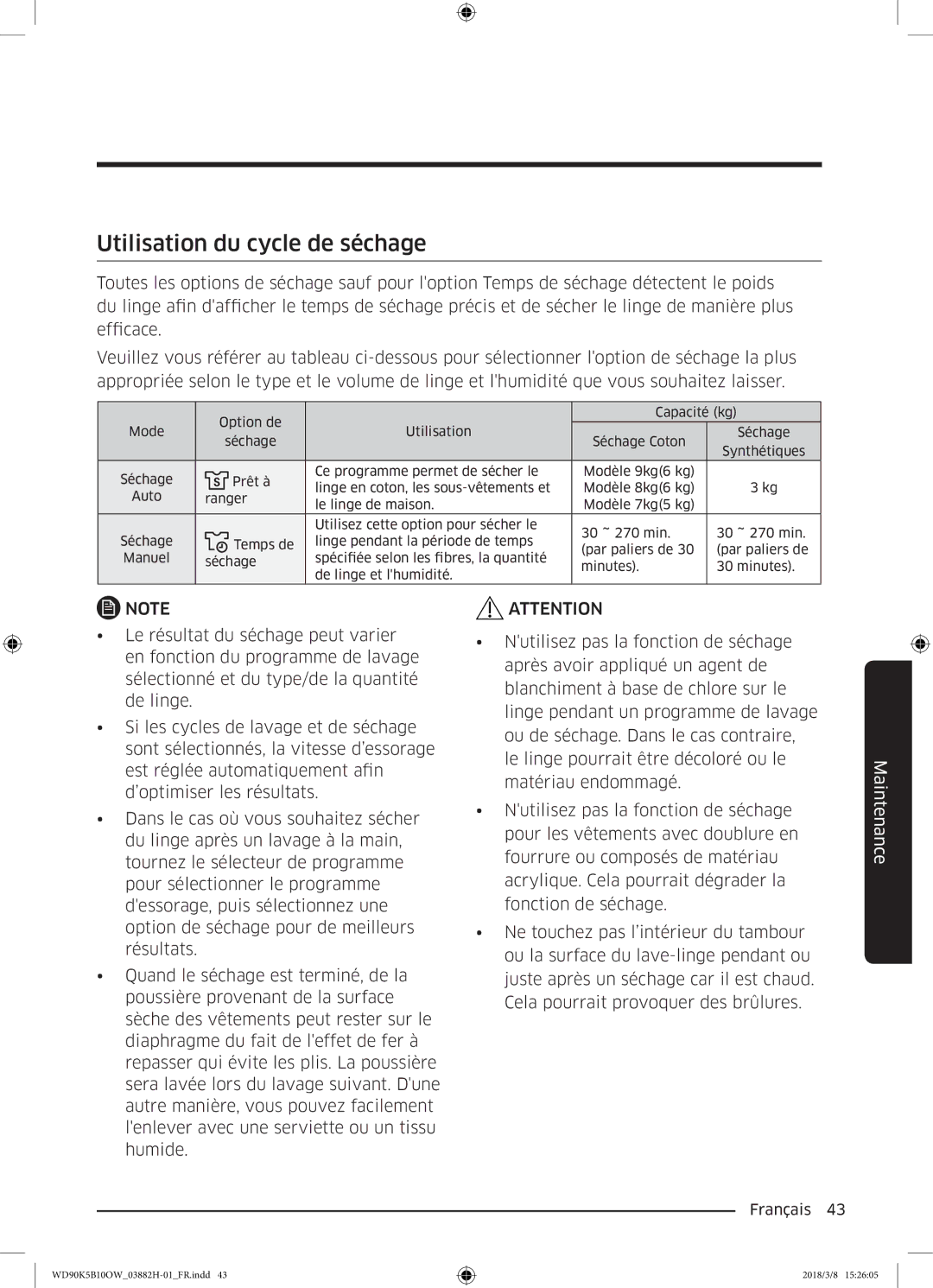 Samsung WD90K5B10OW/EF, WD70K5B10OW/EF, WD80K5B10OX/EF, WD80K5B10OW/EF manual Utilisation du cycle de séchage 