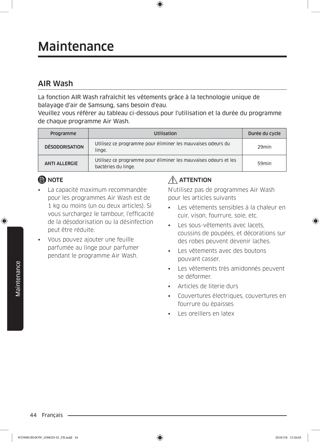 Samsung WD70K5B10OW/EF, WD80K5B10OX/EF, WD80K5B10OW/EF, WD90K5B10OW/EF manual AIR Wash 