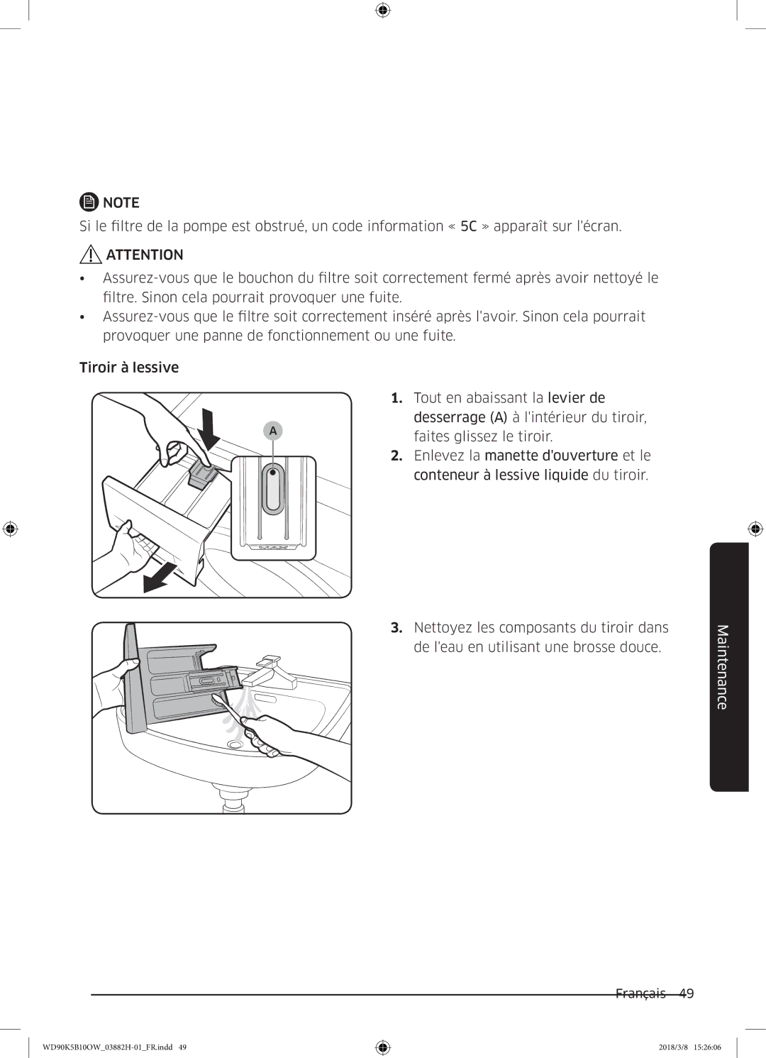 Samsung WD80K5B10OX/EF, WD70K5B10OW/EF, WD80K5B10OW/EF, WD90K5B10OW/EF manual Maintenance 