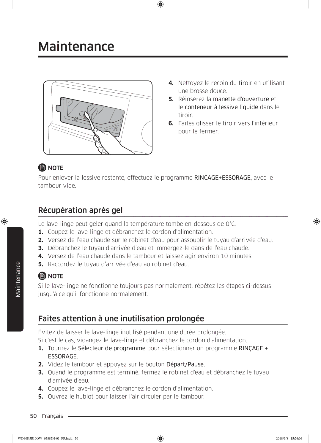 Samsung WD80K5B10OW/EF, WD70K5B10OW/EF manual Récupération après gel, Faites attention à une inutilisation prolongée 