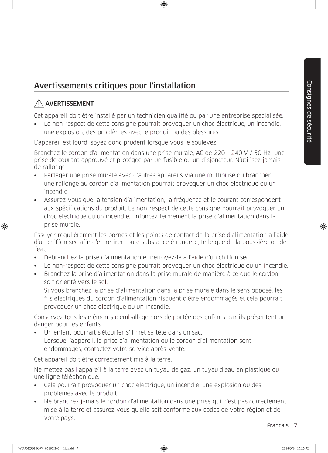 Samsung WD90K5B10OW/EF, WD70K5B10OW/EF, WD80K5B10OX/EF, WD80K5B10OW/EF manual Avertissements critiques pour linstallation 