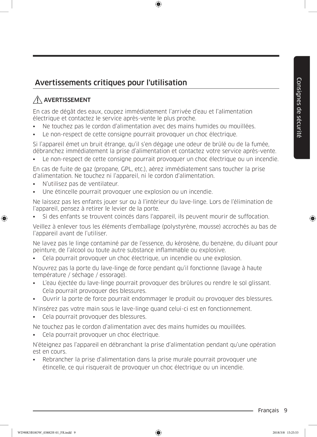 Samsung WD80K5B10OX/EF, WD70K5B10OW/EF, WD80K5B10OW/EF, WD90K5B10OW/EF manual Avertissements critiques pour lutilisation 