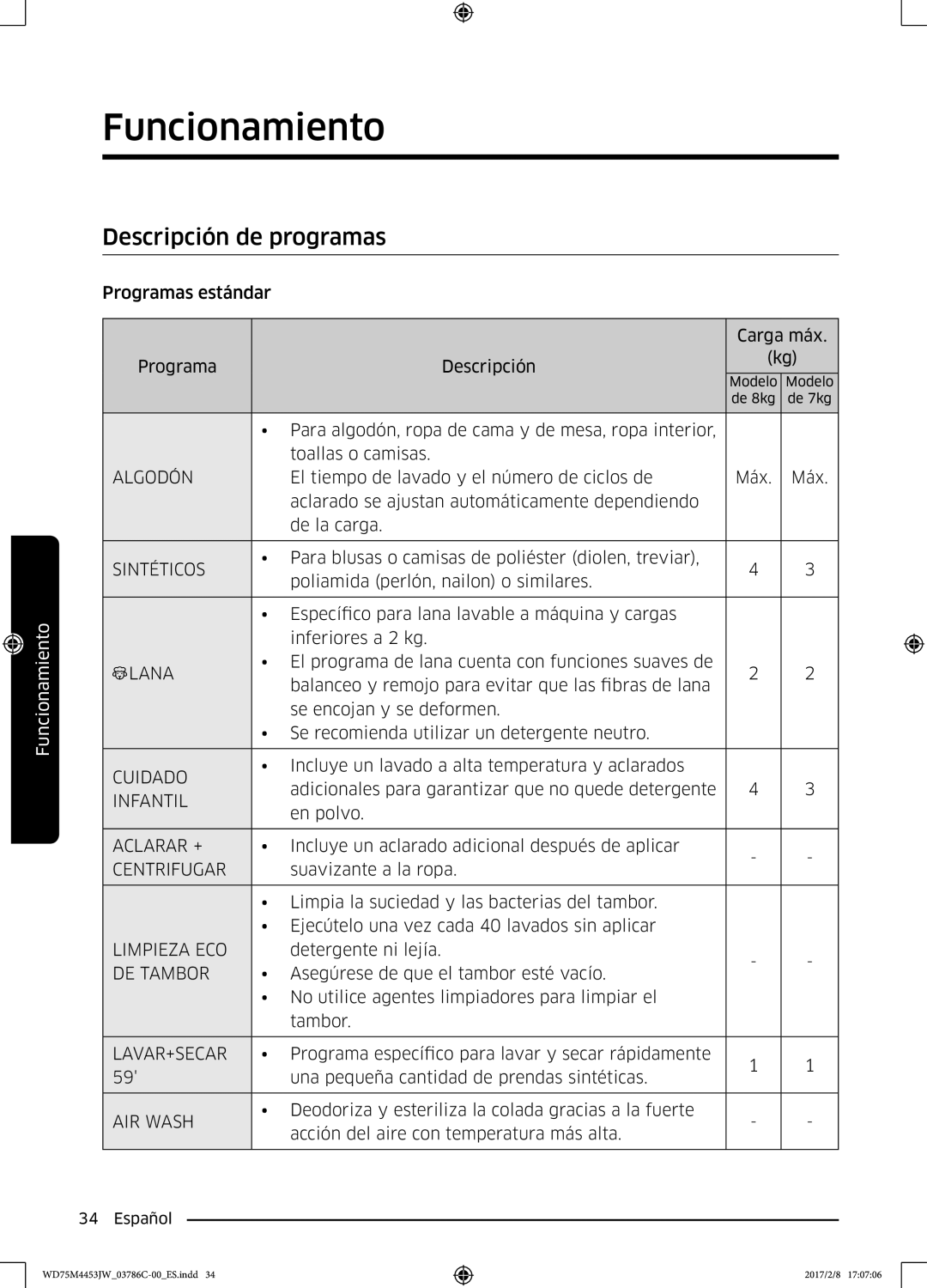 Samsung WD70M4453IW/EC, WD80M4453IW/EC manual Descripción de programas, Algodón 