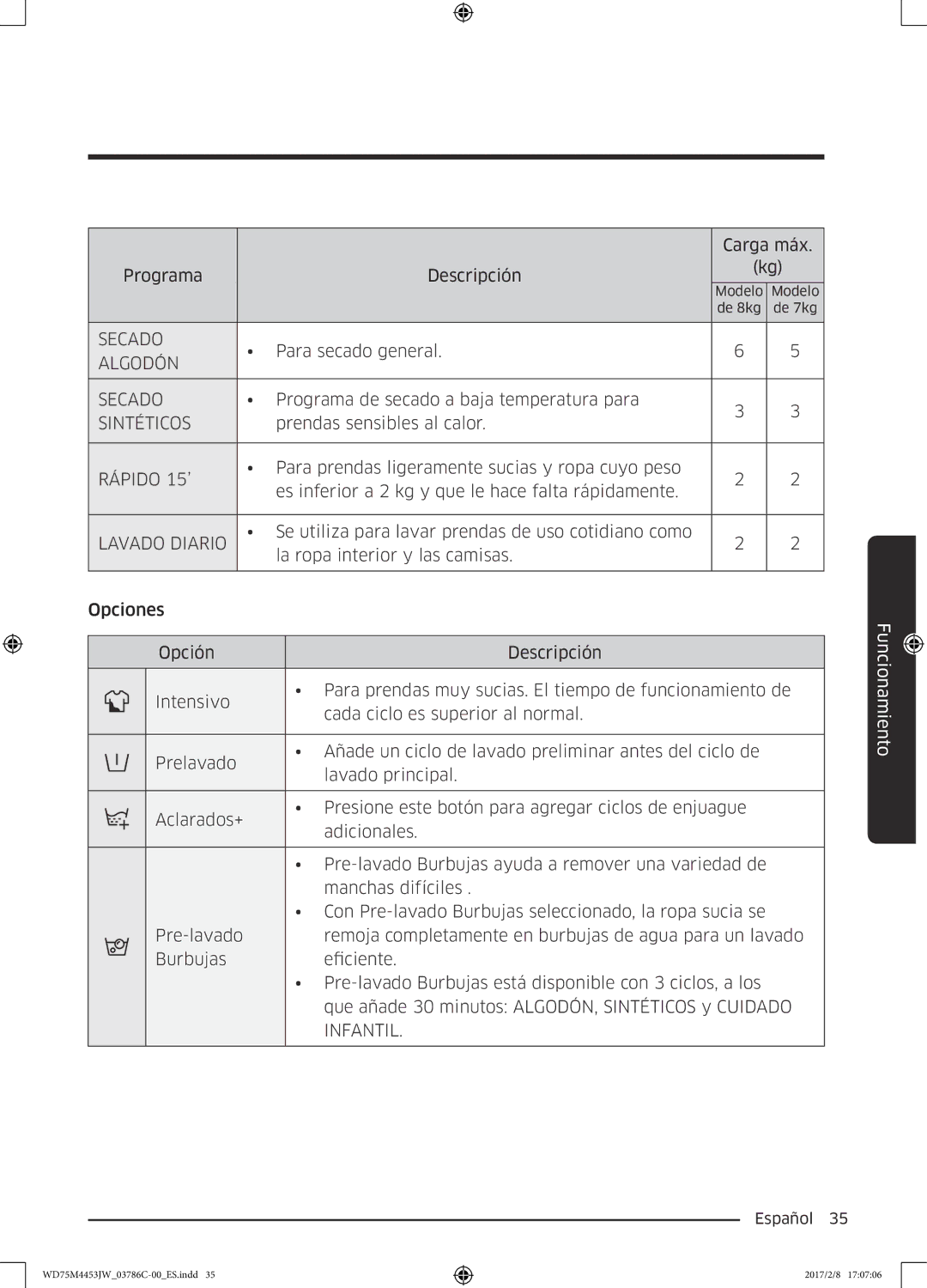 Samsung WD80M4453IW/EC, WD70M4453IW/EC manual Secado 