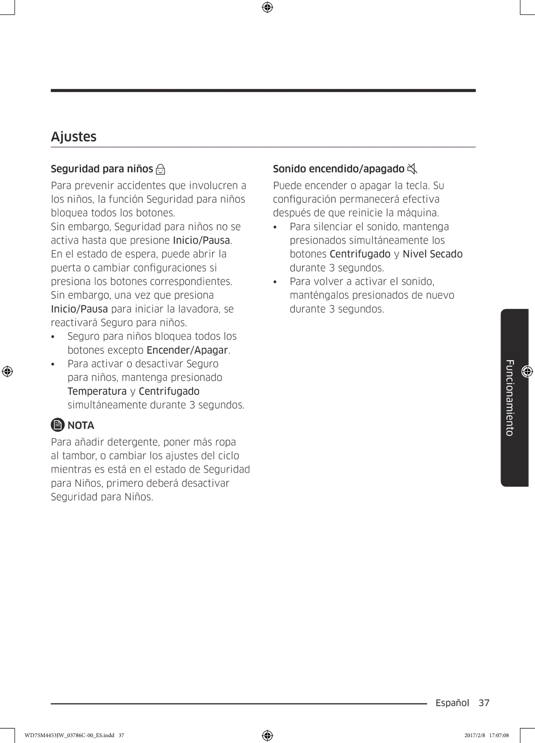 Samsung WD80M4453IW/EC, WD70M4453IW/EC manual Ajustes 