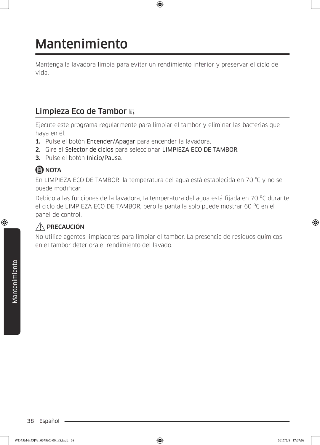 Samsung WD70M4453IW/EC, WD80M4453IW/EC manual Mantenimiento, Limpieza Eco de Tambor 