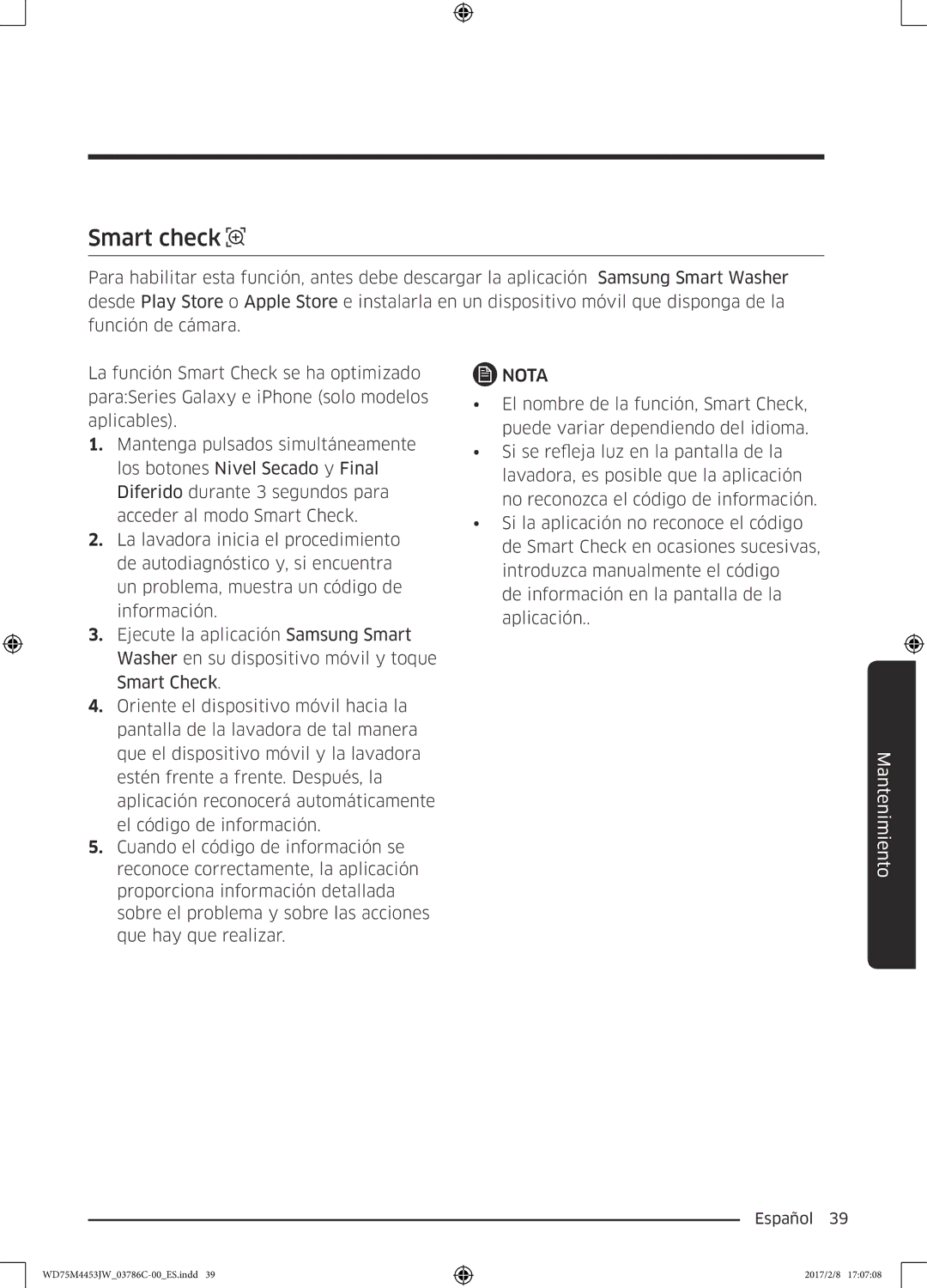 Samsung WD80M4453IW/EC, WD70M4453IW/EC manual Smart check 