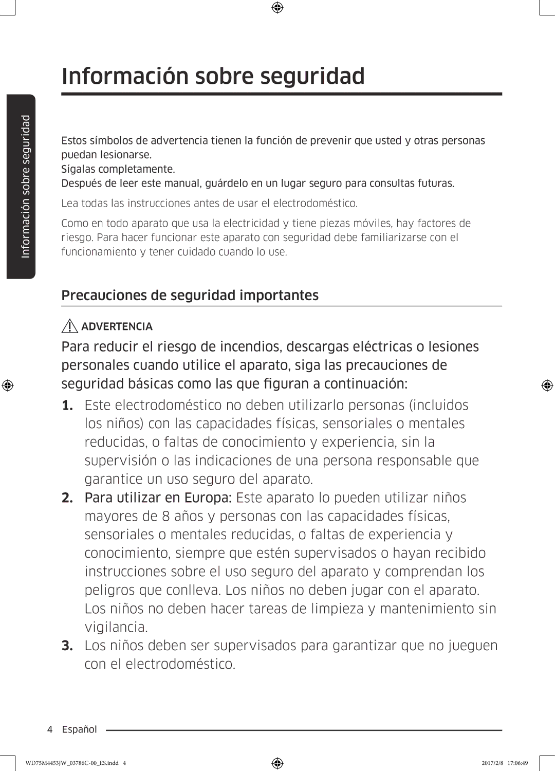 Samsung WD70M4453IW/EC, WD80M4453IW/EC manual Precauciones de seguridad importantes 