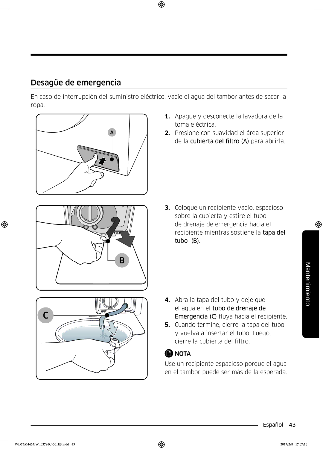 Samsung WD80M4453IW/EC, WD70M4453IW/EC manual Desagüe de emergencia 