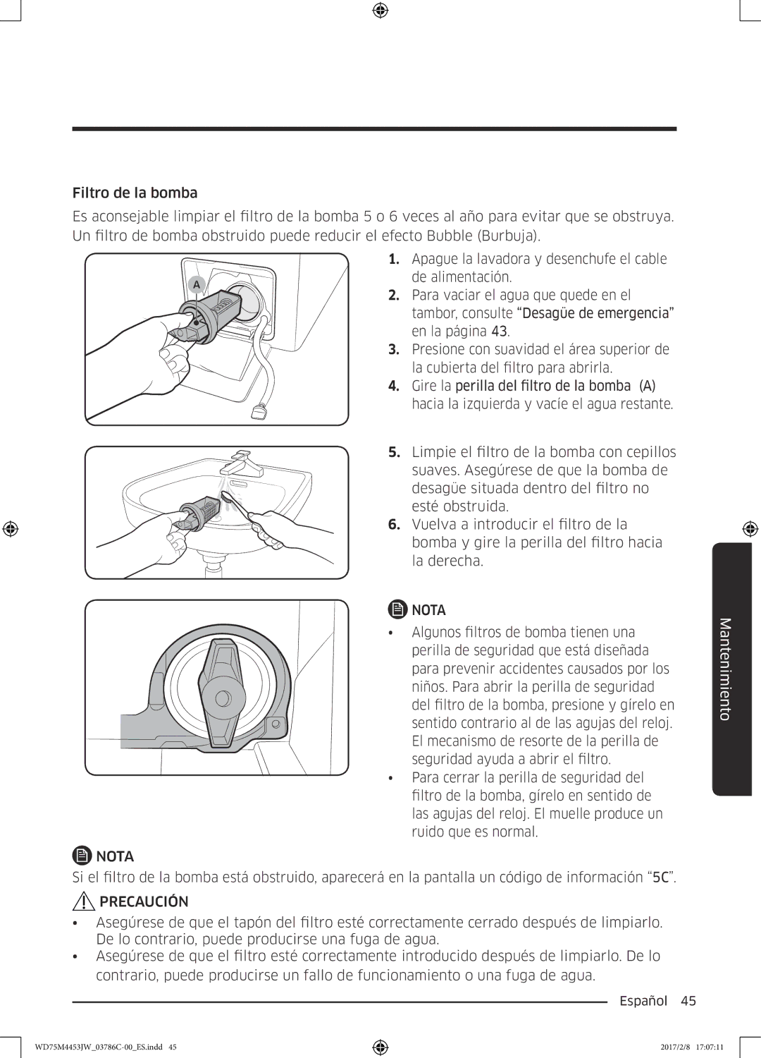 Samsung WD80M4453IW/EC, WD70M4453IW/EC manual Algunos filtros de bomba tienen una 